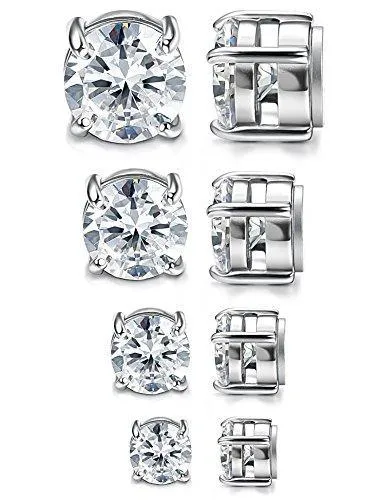 4 Pairs Stainless Steel Men Women Magnetic Stud Earrings Non-piercing CZ 4-7mm