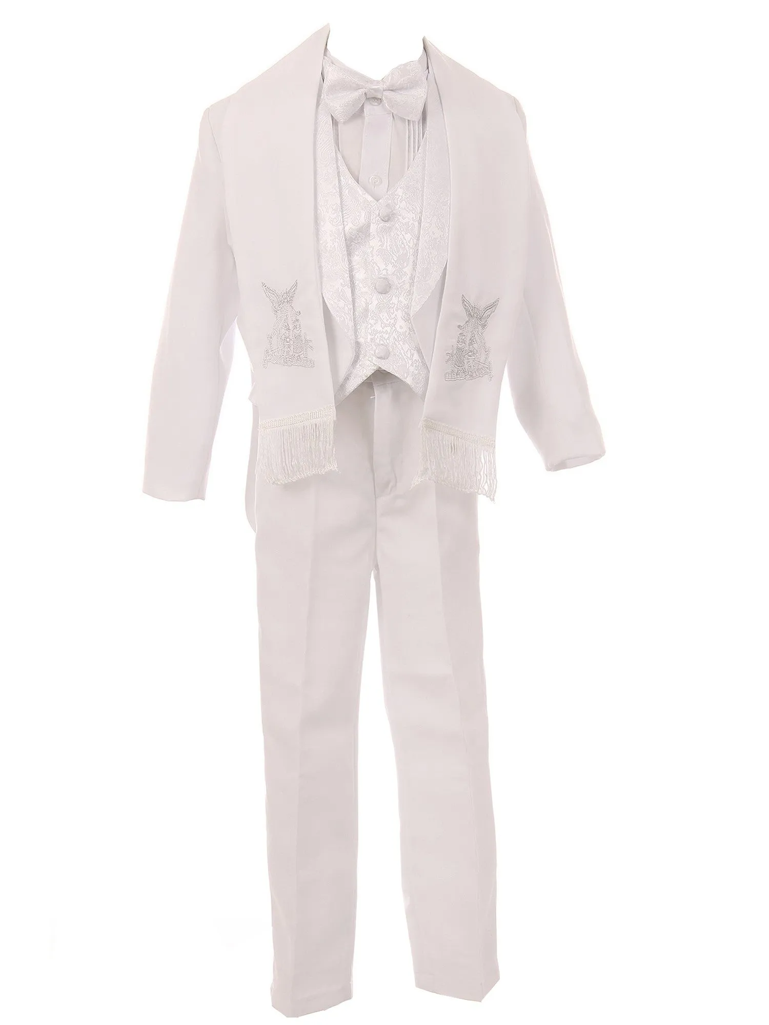 Baby Boys White 6-pc Silver Angel Embroidery Baptism Tuxedo Suit 6-24M