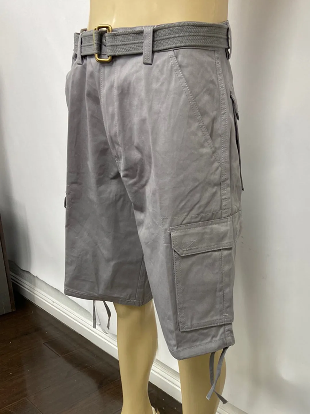 Cargo Shorts with Adjustable Twill Belt Utility Pocket - Grey