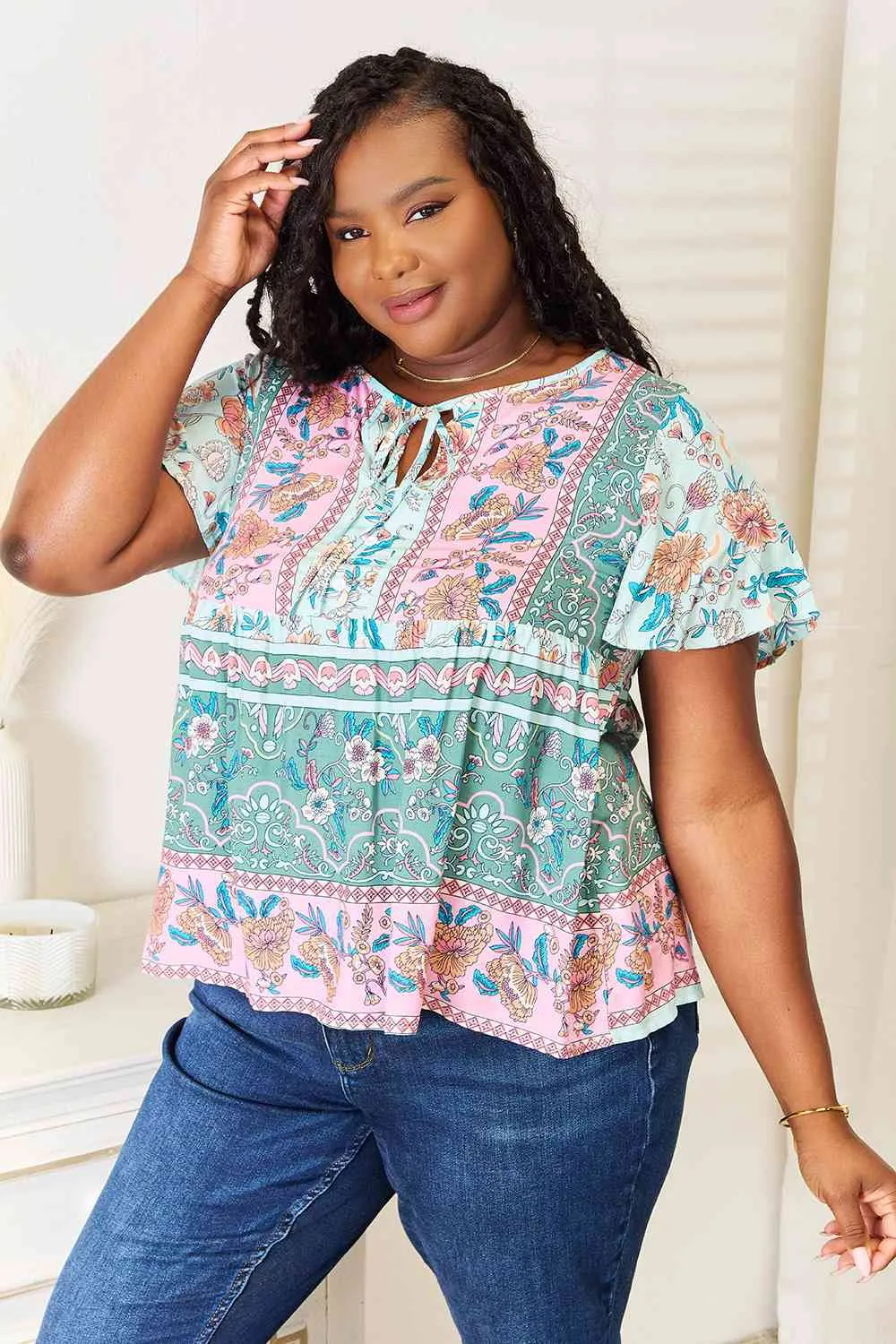 Double Take Floral Tie Neck Short Sleeve Blouse