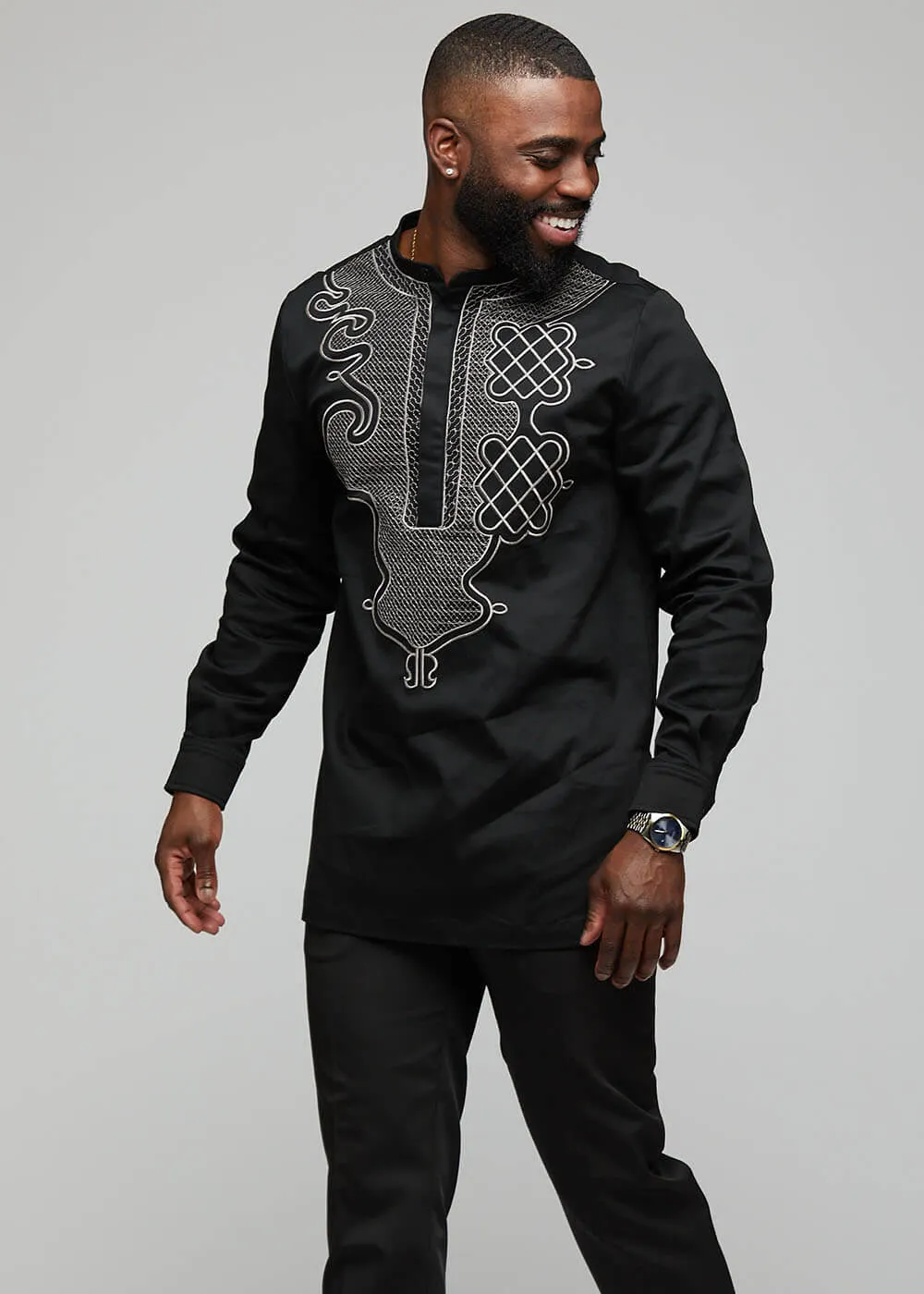 Dubaku Men's Traditional African Embroidery Shirt (Black)