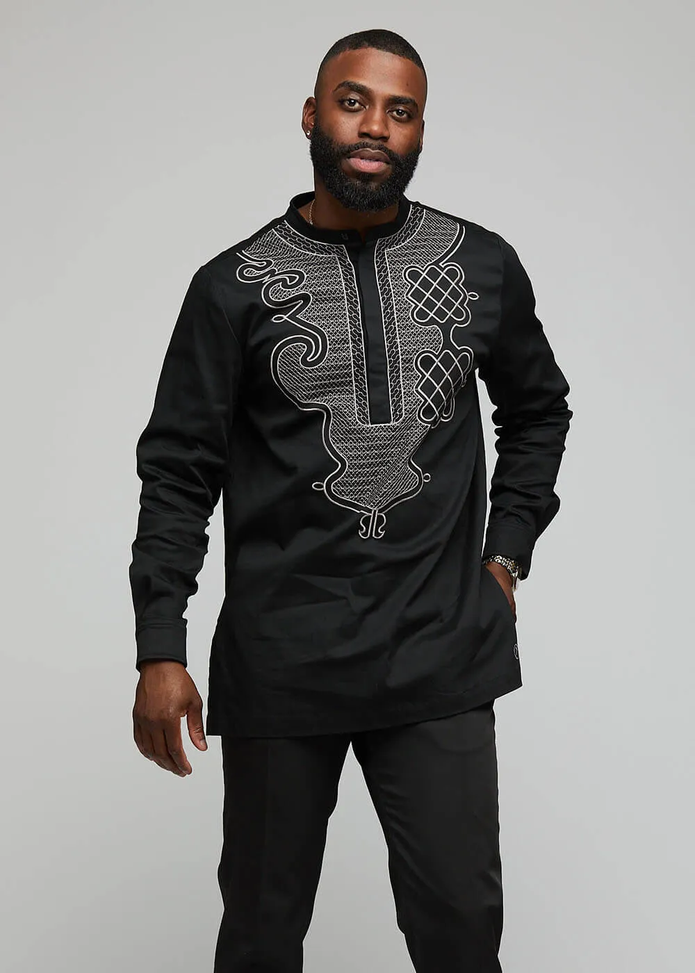 Dubaku Men's Traditional African Embroidery Shirt (Black)