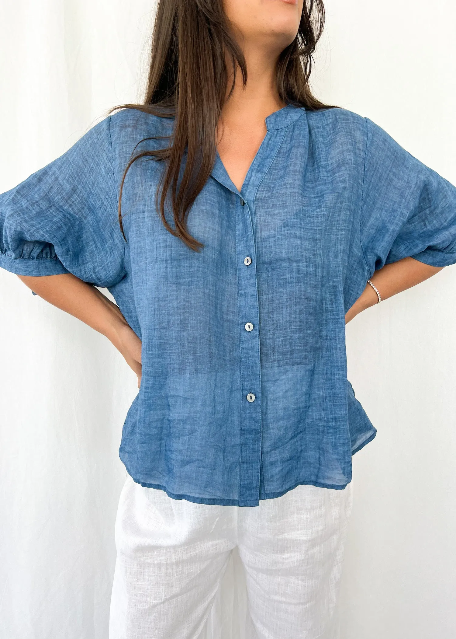 Elena Deep Blue Linen Blouse