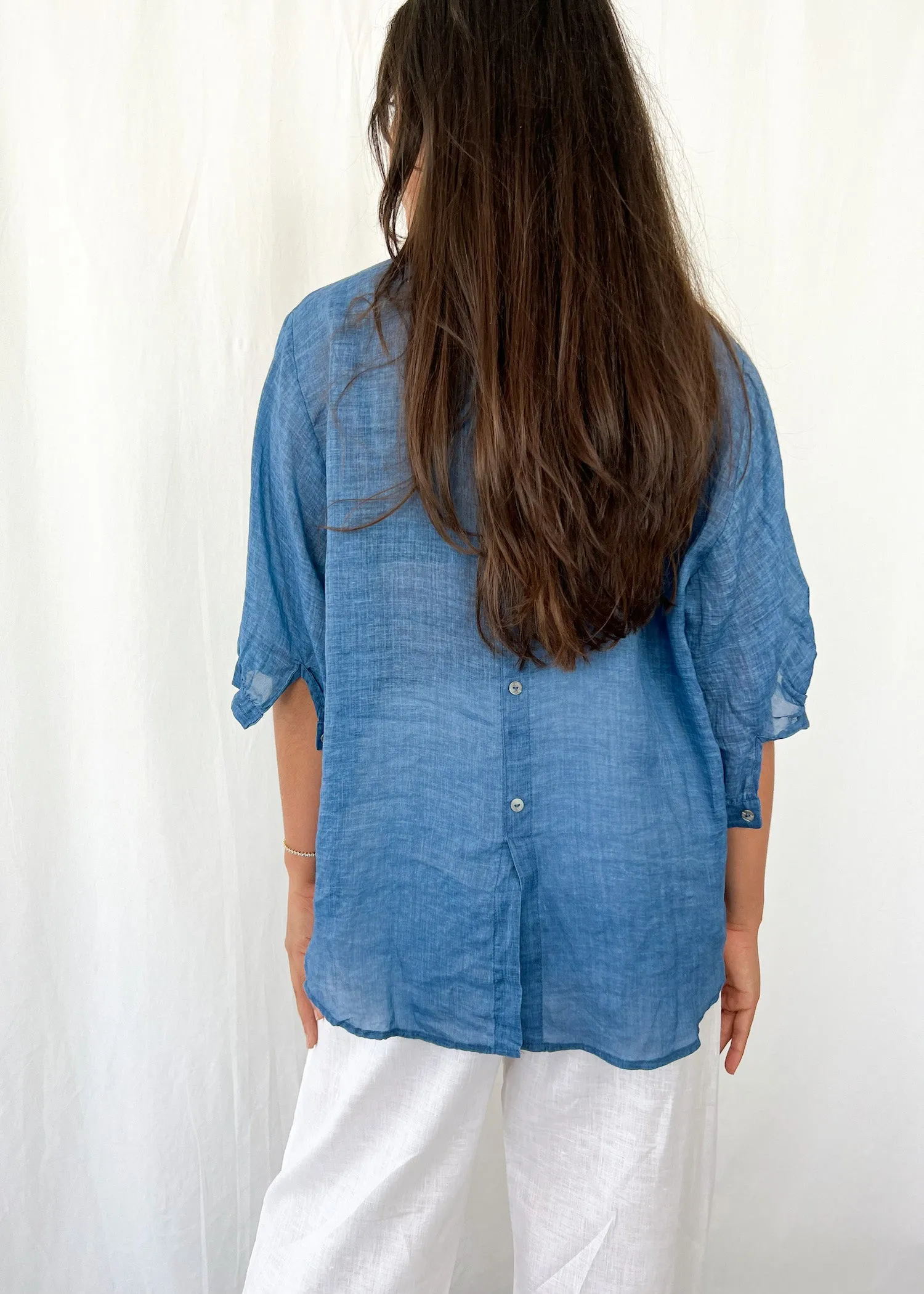 Elena Deep Blue Linen Blouse