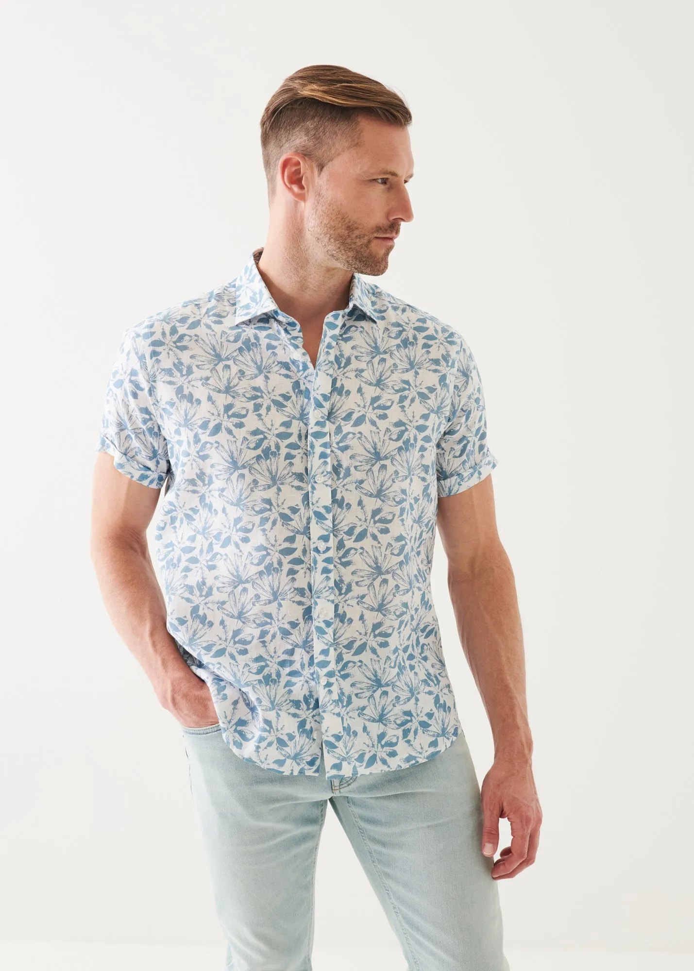 FLORAL PRINT LINEN SHORT SLEEVE SHIRT