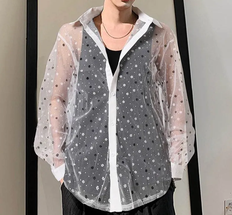 Foesce -Fashion Men Shirt Mesh See Through Sexy Floral Long Sleeve Lapel Party Nightclub Shirts Men Streetwear Camisas 5XL