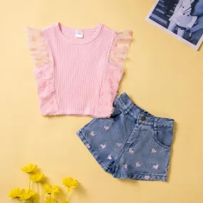 Girls' Suit Casual Clothes Sleeveless Pink Top Denim Shorts Two Pieces