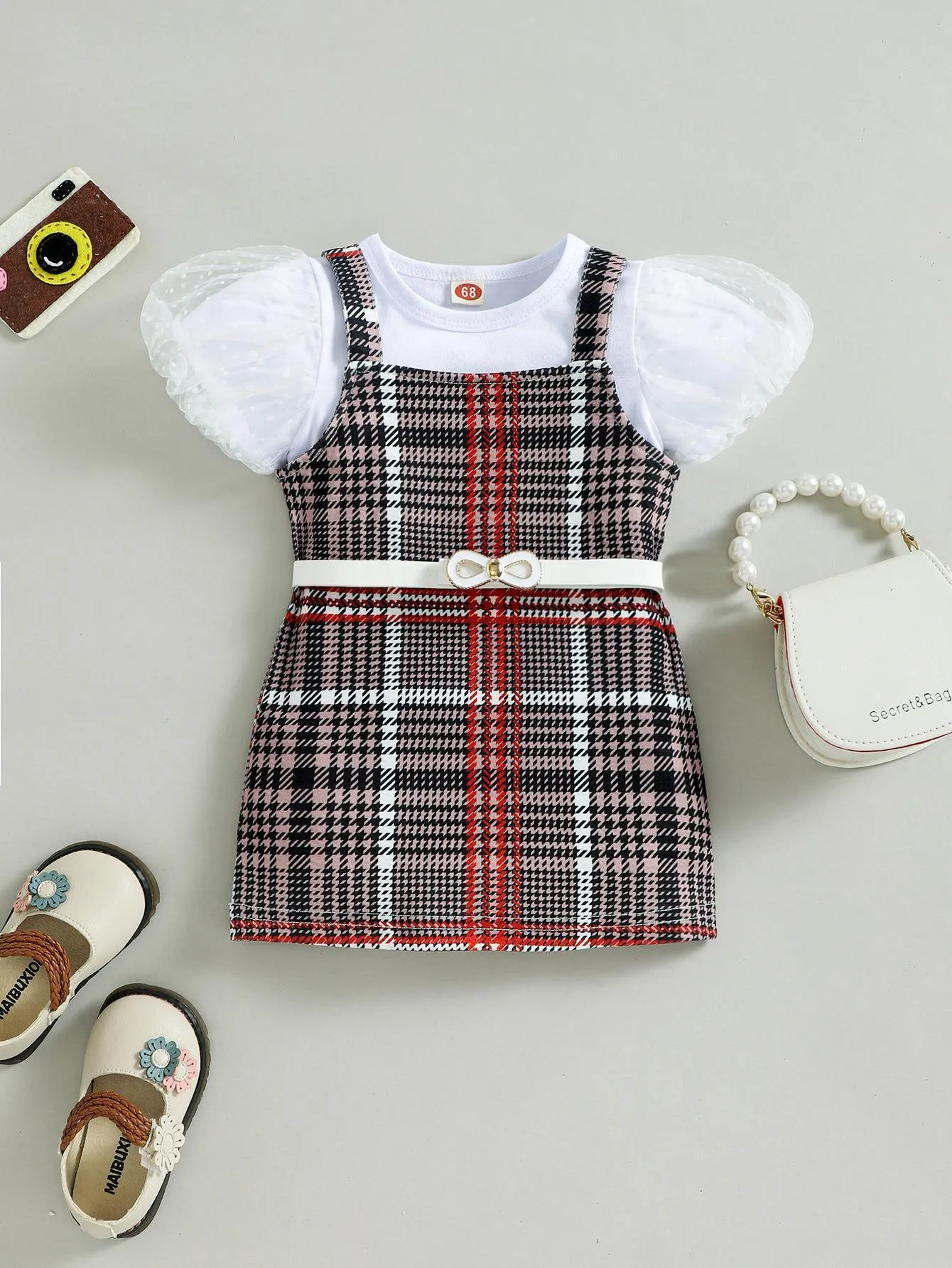 Girls Summer Bubble Sleeve Plaid Belt Skirt Belt Children's Suit