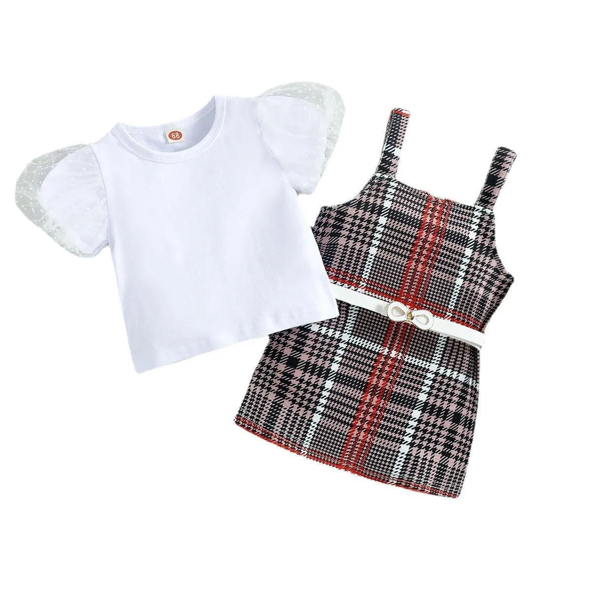 Girls Summer Bubble Sleeve Plaid Belt Skirt Belt Children's Suit