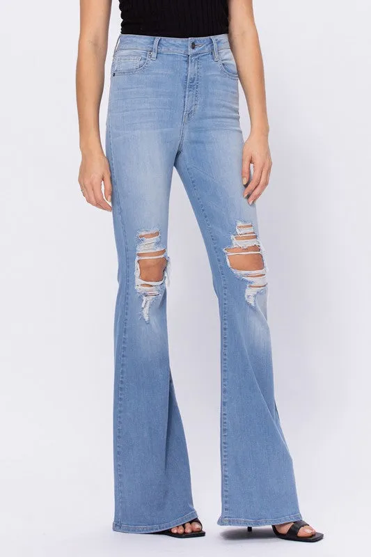 Hidden Light Wash Knee Distressed Flare Jeans