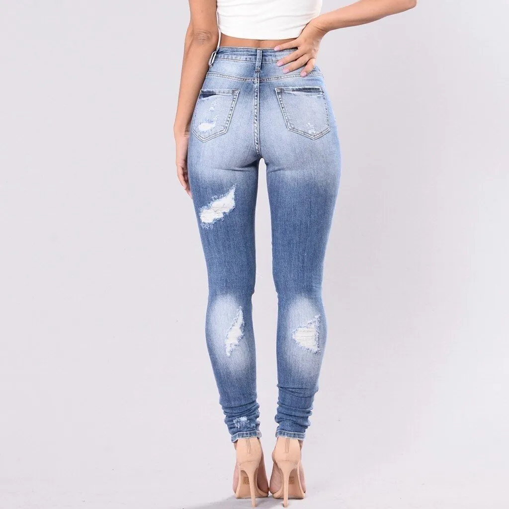 High Waist Jeans Denim Hole Button