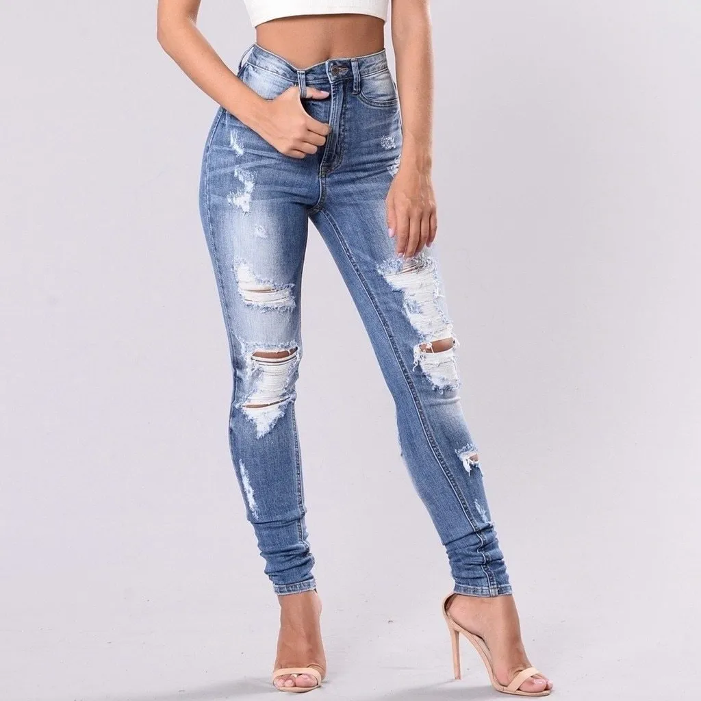 High Waist Jeans Denim Hole Button