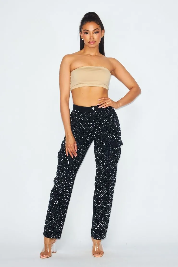 Jenny Rhinestone Denim Cargo Pants - Black