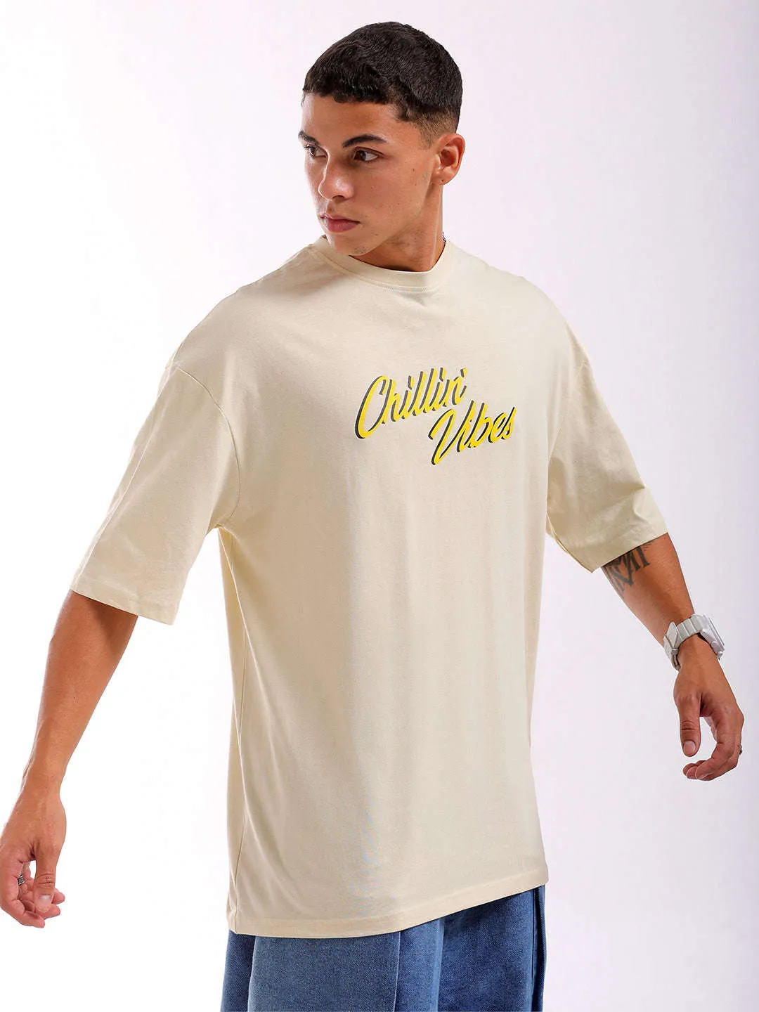 Men Beige Oversized Fit Back Printed T-Shirt