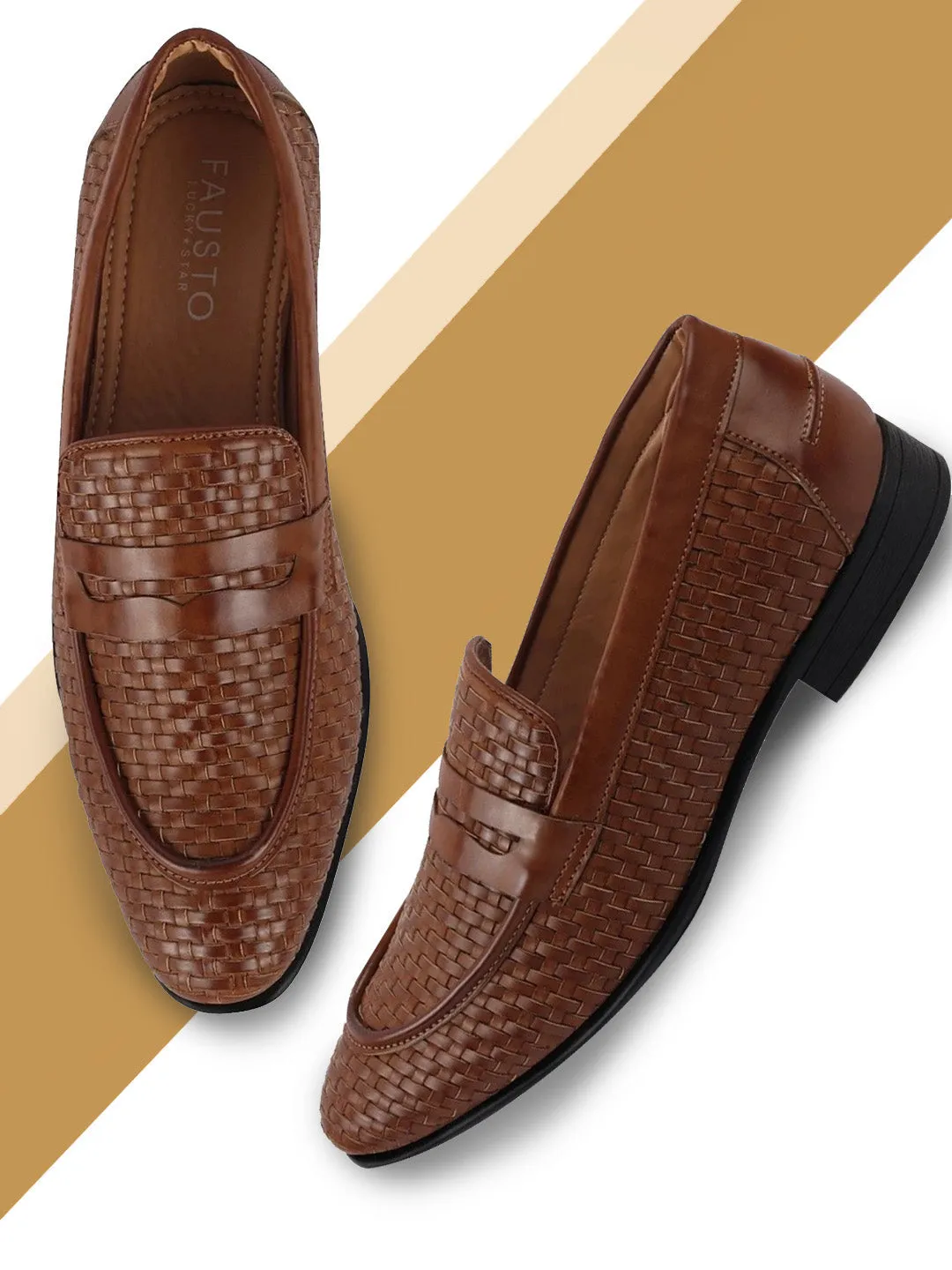 Men Tan Hand Knitted Slip On Penny Loafers