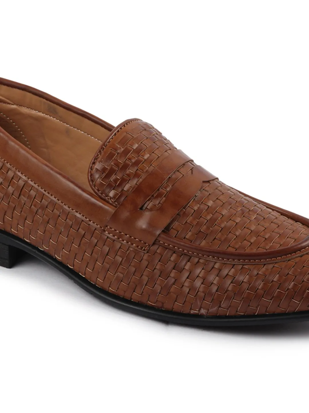 Men Tan Hand Knitted Slip On Penny Loafers