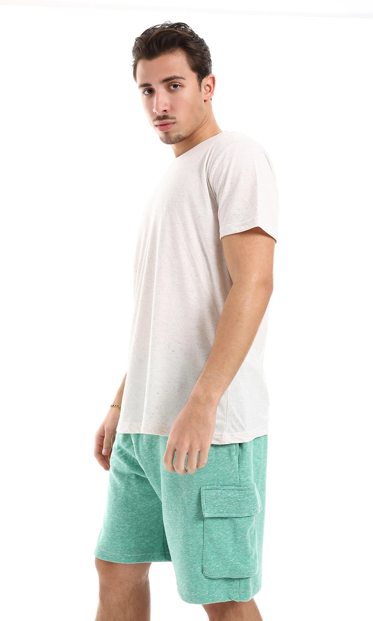 O164018 Heather Off-White Slip On Hips Length Cotton Men Tee