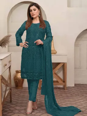 Odette Women Blue Embroidered Georgette Semi Stitched Salwar Suit