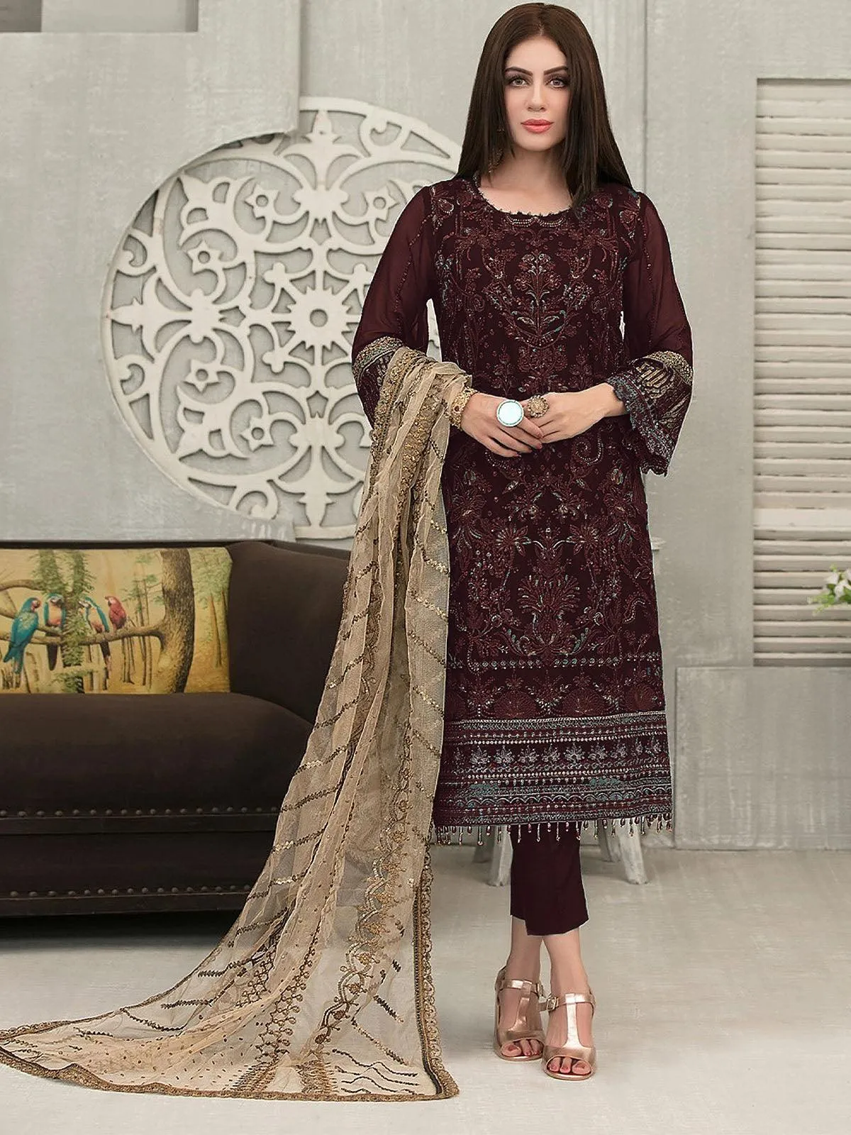 Odette Women Brown Women Embroidered Semi Stitched Slawar Suit Set