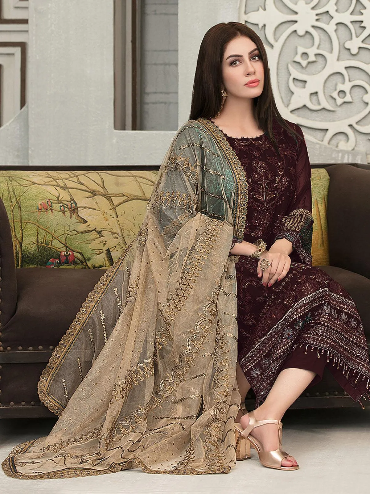 Odette Women Brown Women Embroidered Semi Stitched Slawar Suit Set