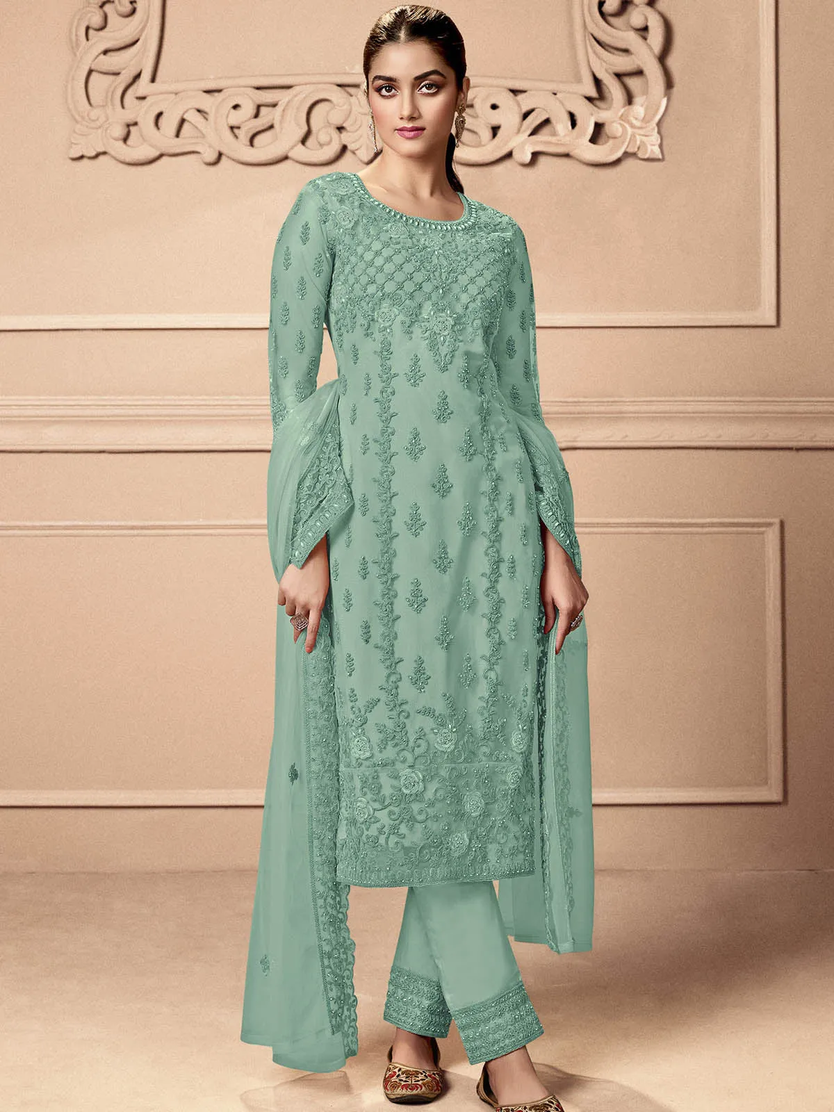 Odette Women Sea Green Embroidered Georgette Semi Stitched Palazzo Suit