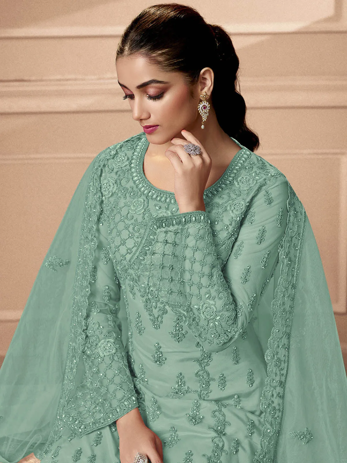 Odette Women Sea Green Embroidered Georgette Semi Stitched Palazzo Suit