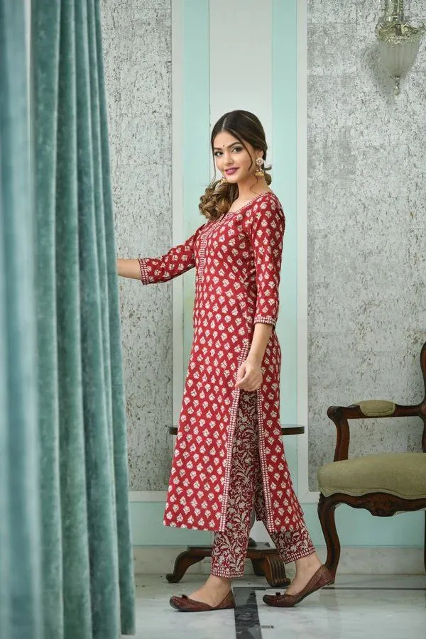 Party wear Designer Red Women Kurta Pant with Dupatta Suit