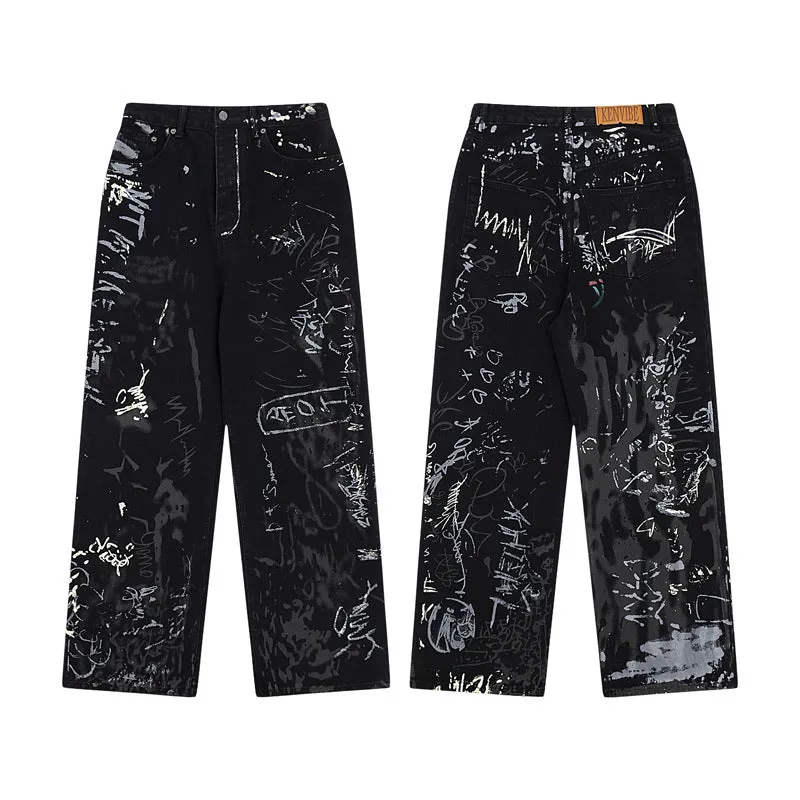 Printed Street Niche Design Wide Leg Male Jeans