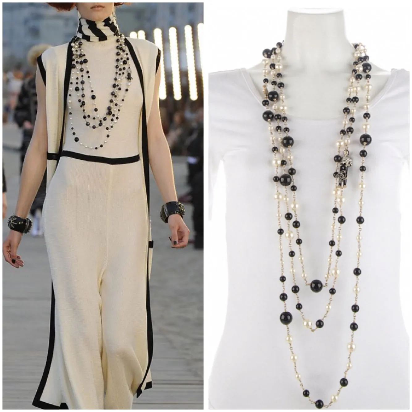 RARE Chanel 100th Anniversary 2010 Cruise 10C Black White Gold Pearl Coco Figure Sautoir 3 Strand Long Necklace