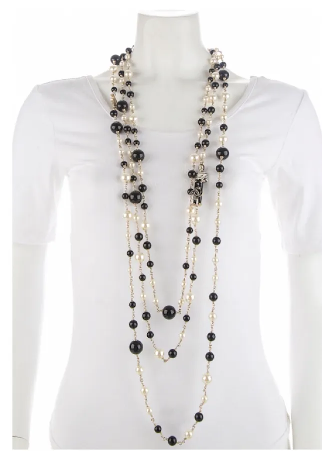 RARE Chanel 100th Anniversary 2010 Cruise 10C Black White Gold Pearl Coco Figure Sautoir 3 Strand Long Necklace