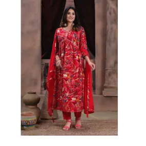 Red Party Wear Alia Cut Kurti Pant Dupatta Suit