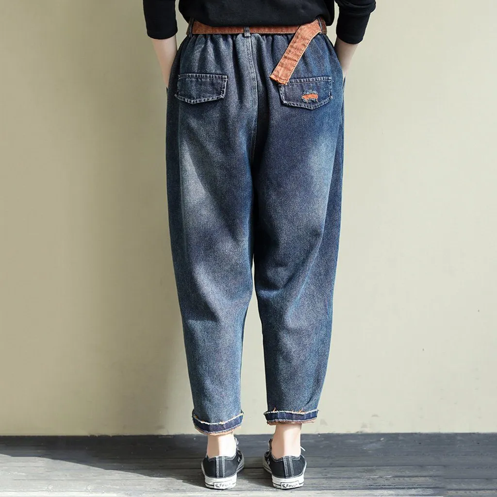 Retro Loose Casual Belt Washed Velvet Jeans