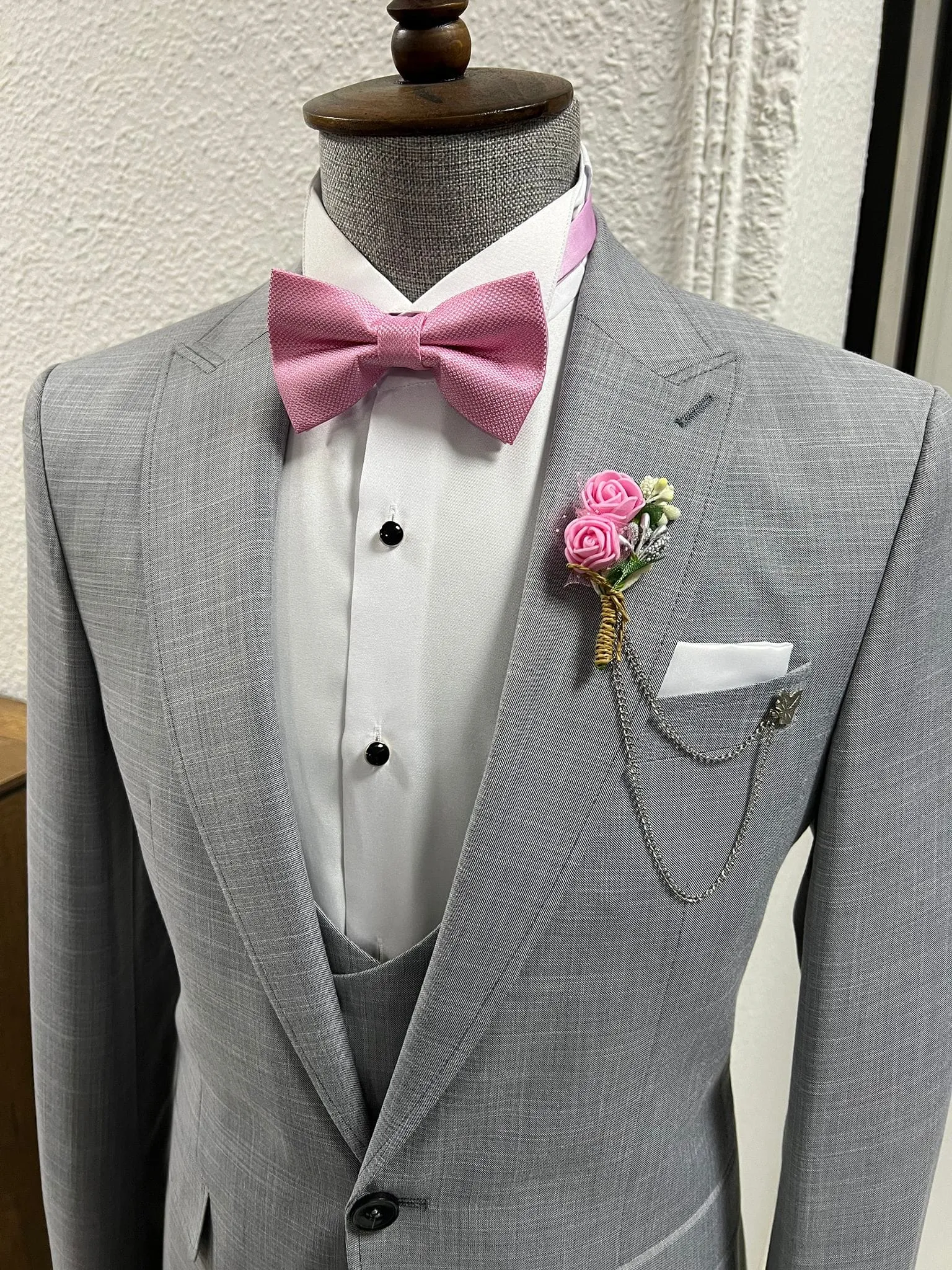 Slim-fit Pointed Collar Gray Tuxedo Vest Suit