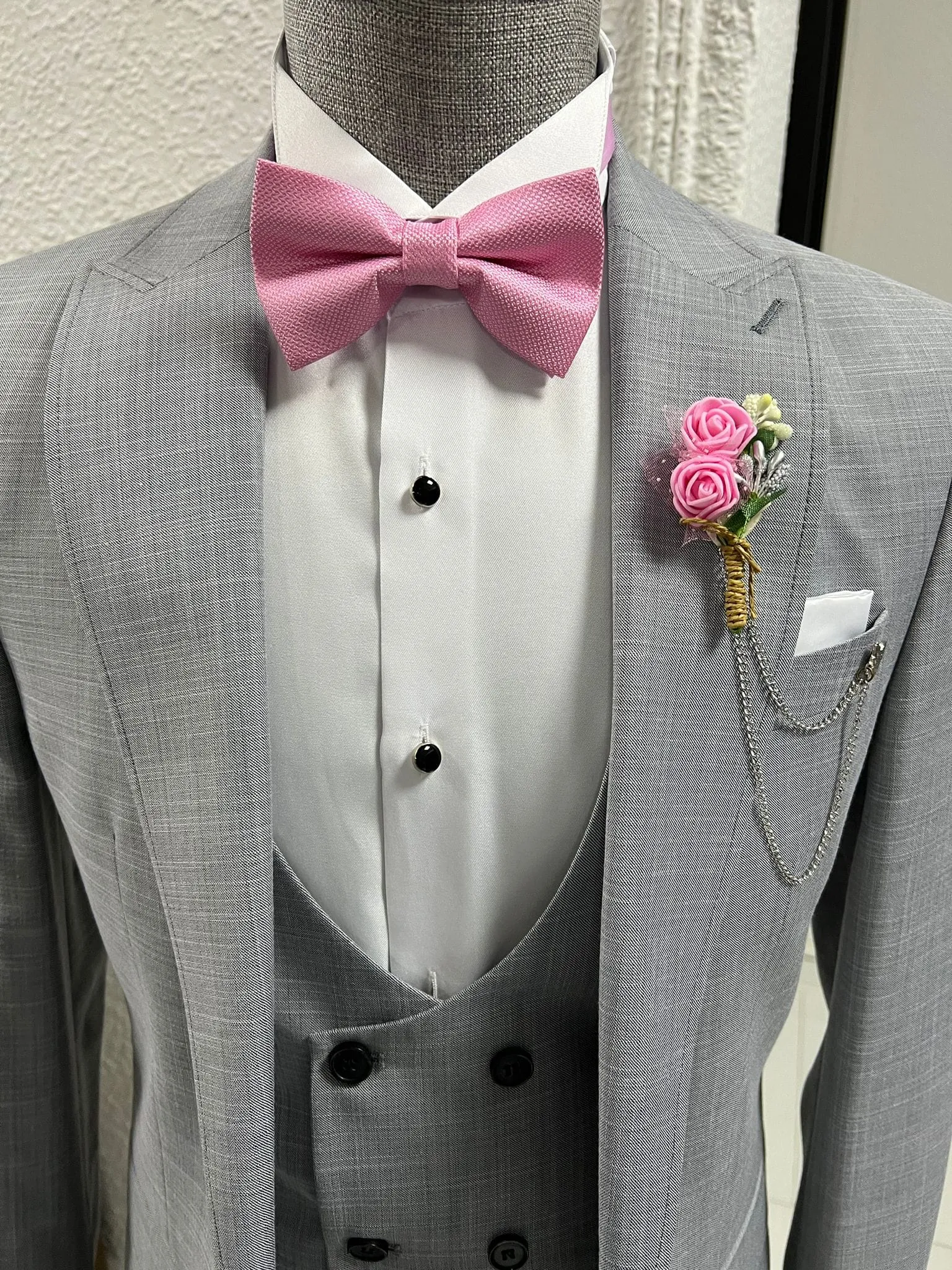 Slim-fit Pointed Collar Gray Tuxedo Vest Suit