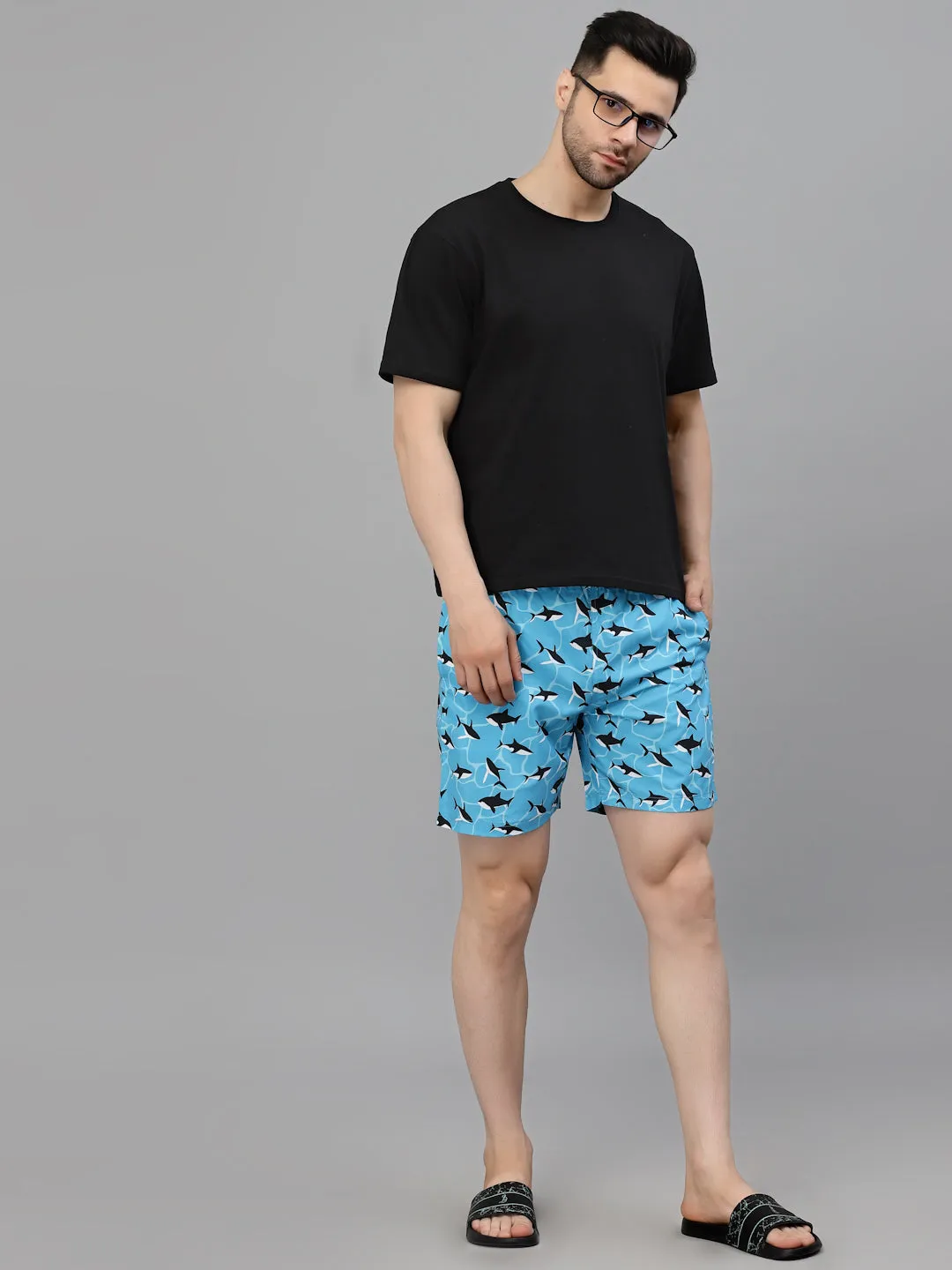 Style Quotient Men Blue and  Black Conversational Print Polyester Regular Swim  Shorts