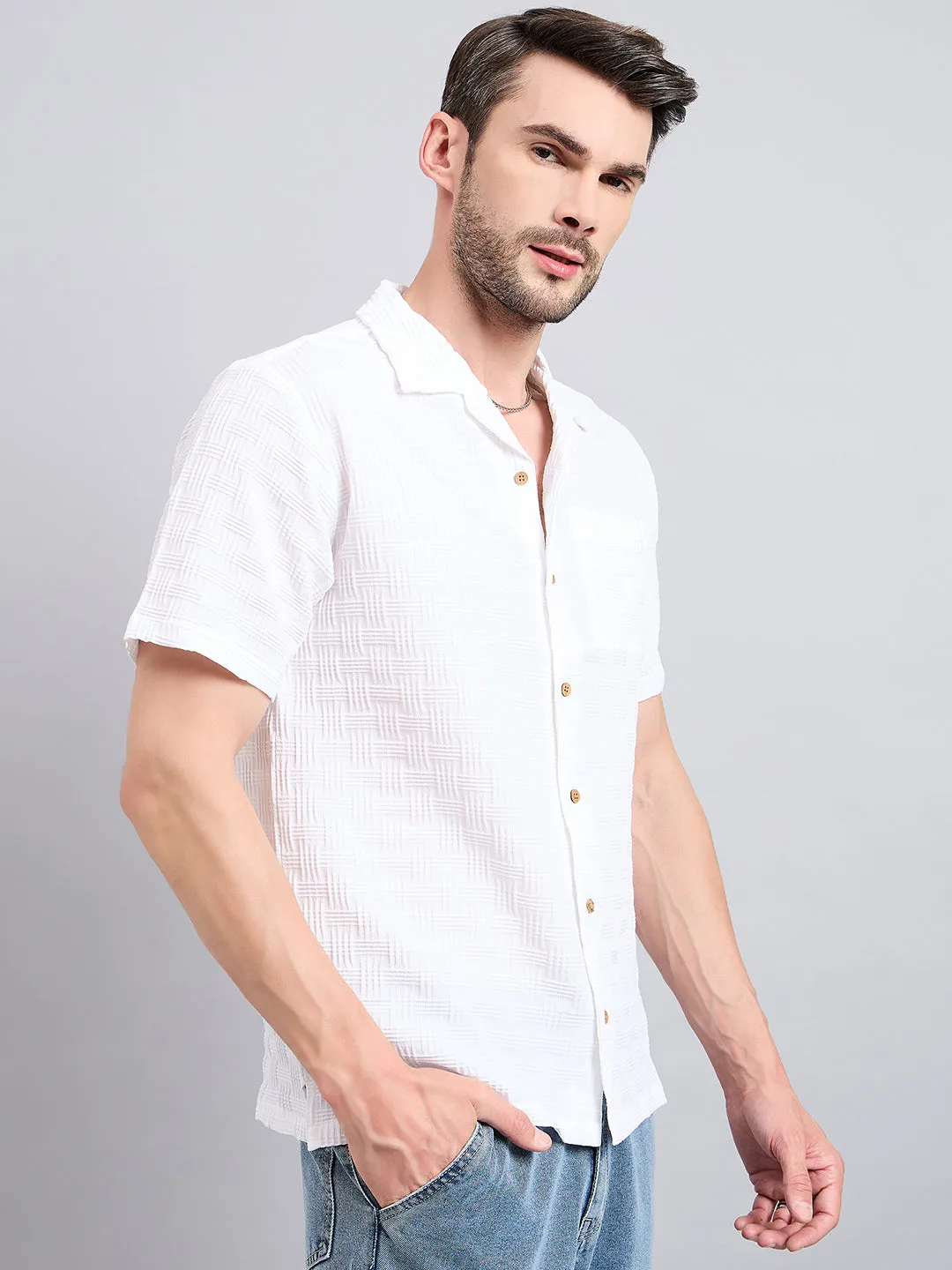 Style Quotient Men White Textured Oversize Shirt