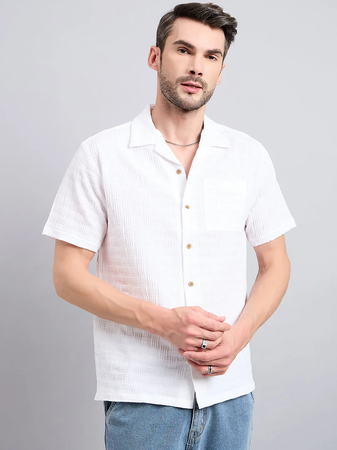 Style Quotient Men White Textured Oversize Shirt