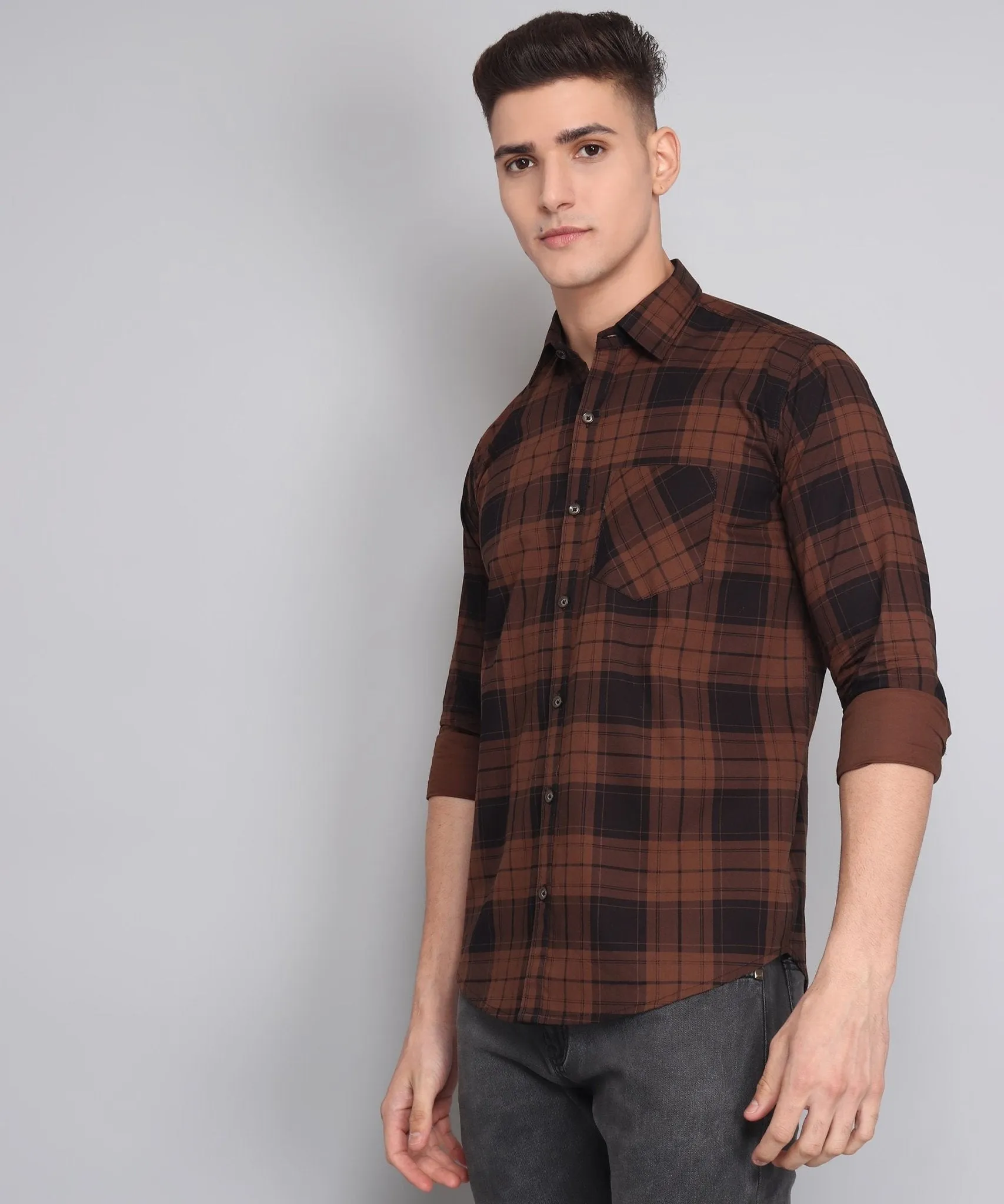 TryBuy Premium Exclusive Brown Black Cotton Checks Button-Up Shirt For Men