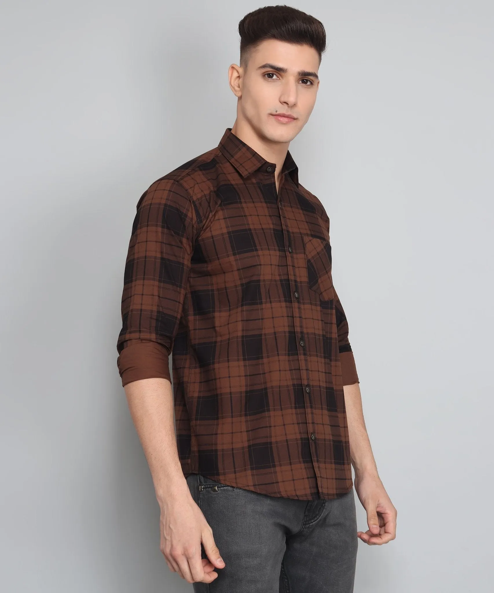 TryBuy Premium Exclusive Brown Black Cotton Checks Button-Up Shirt For Men