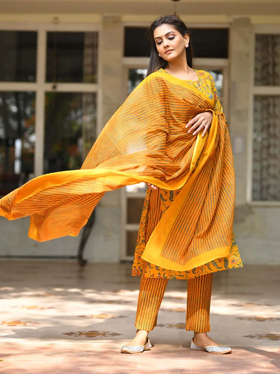 Women's Cotton Haldi Kurti Pant Dupatta Suit