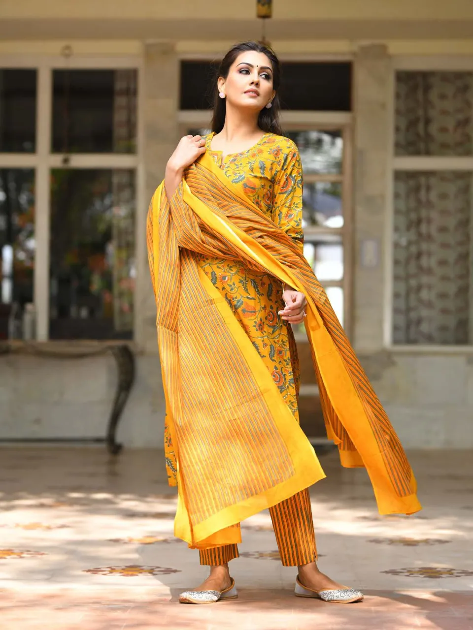 Women's Cotton Haldi Kurti Pant Dupatta Suit