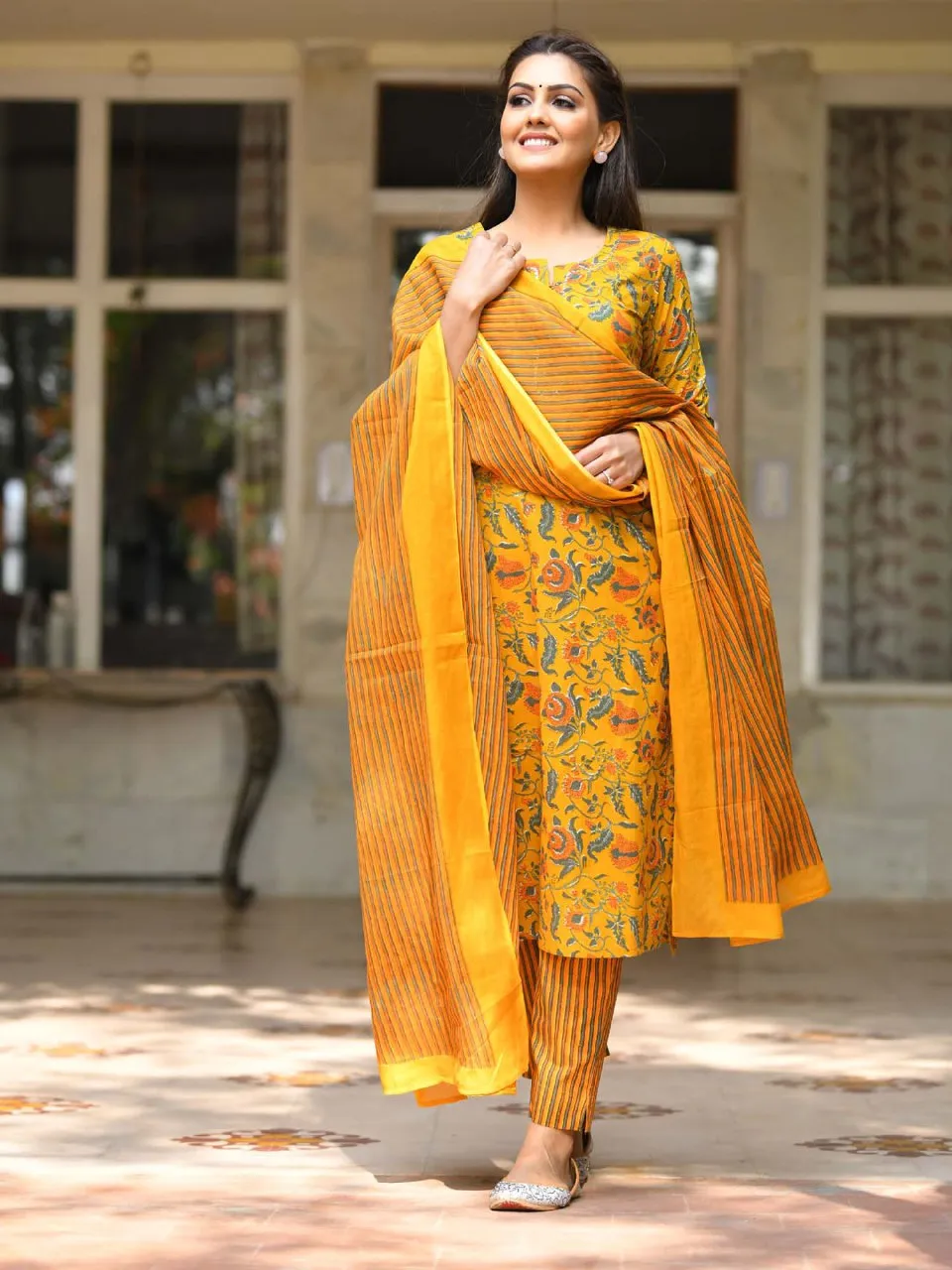 Women's Cotton Haldi Kurti Pant Dupatta Suit