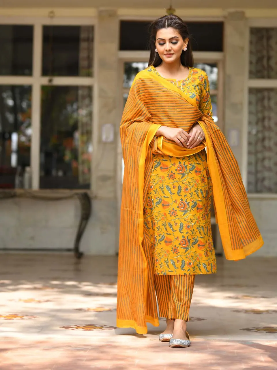 Women's Cotton Haldi Kurti Pant Dupatta Suit